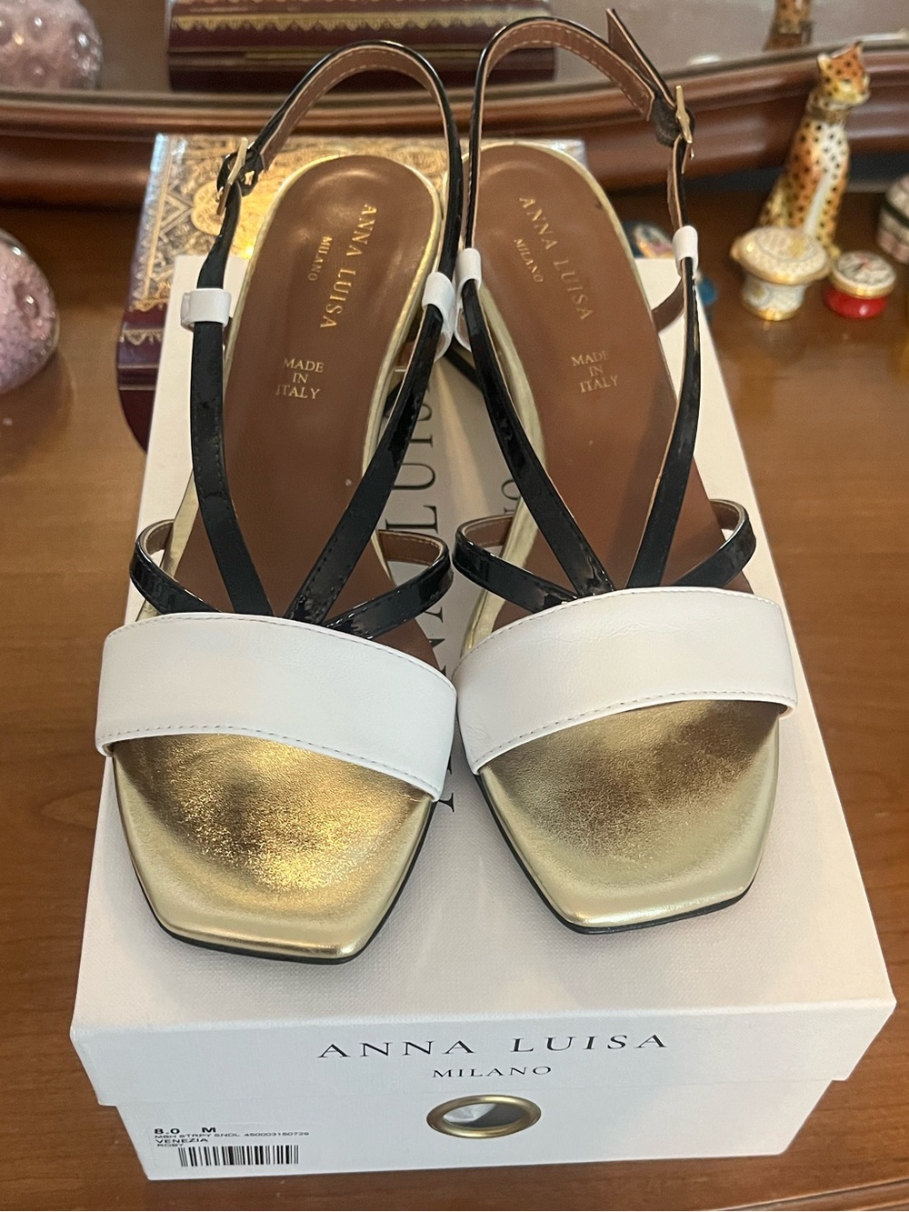 Anna Luisa Milano Women's White, Gold & Black Slingback Sandals 8M